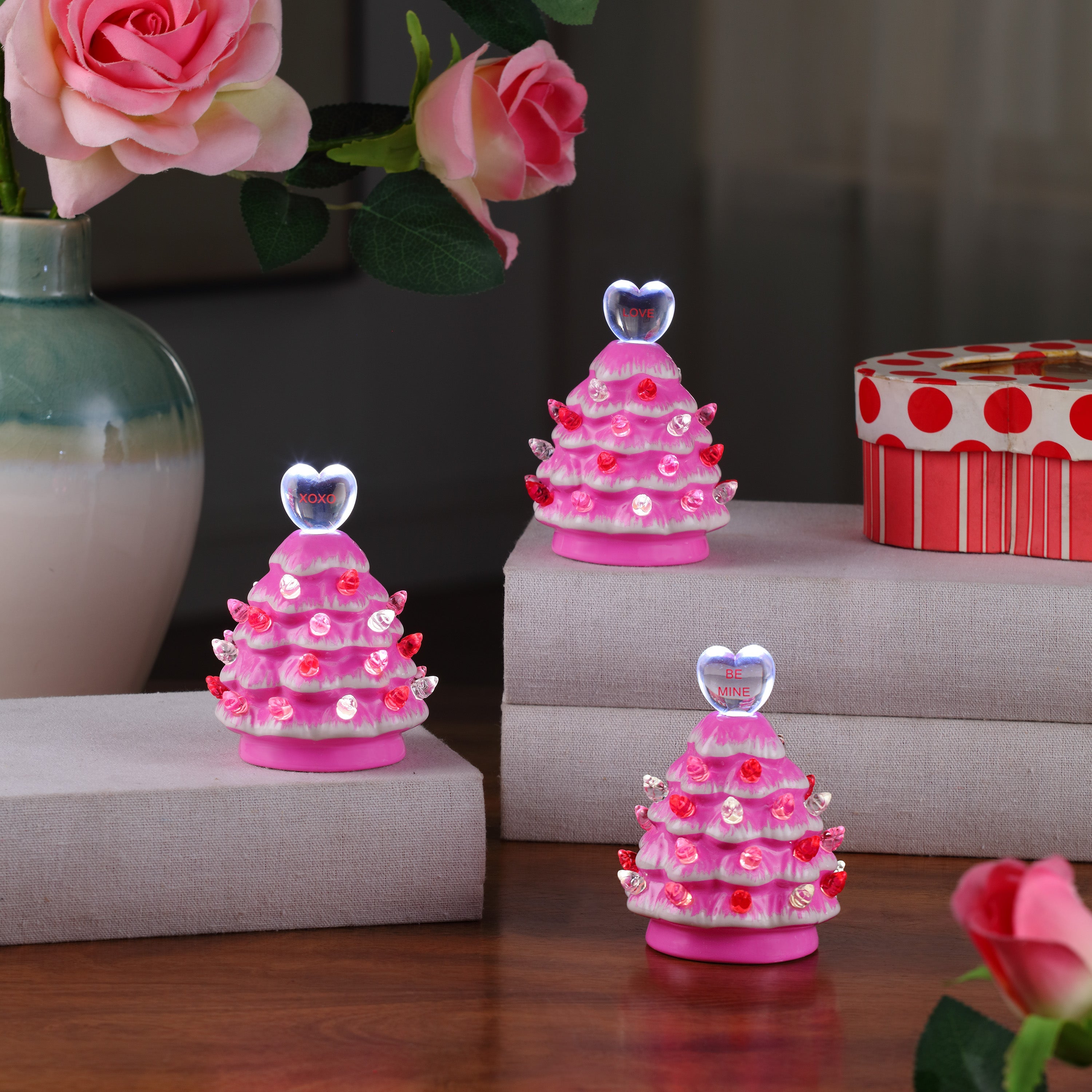 Miss Valentine Set of 3 Ceramic 4.1" Miniature Hot Pink Trees - Mr. Christmas