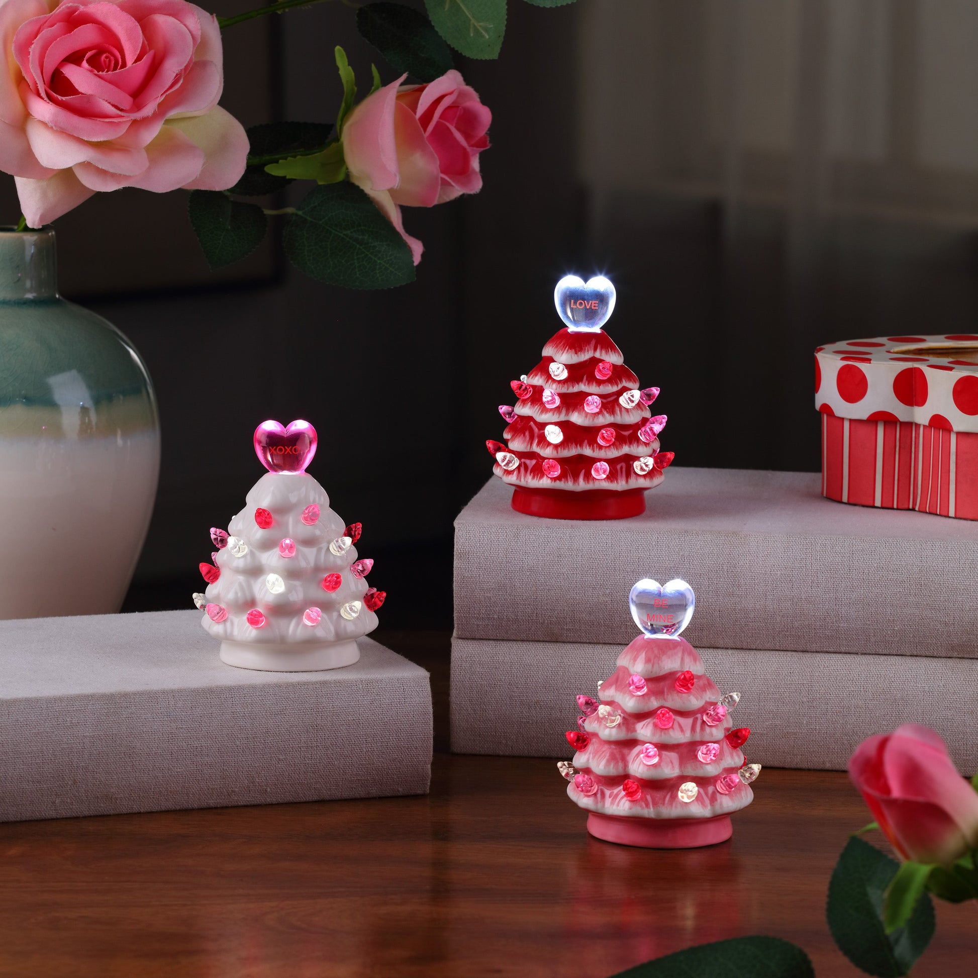Miss Valentine Set of 3 Ceramic 4.1" Miniature Trees - Mr. Christmas