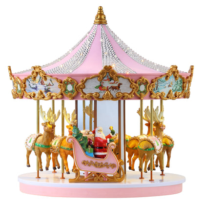 Mr. Christmas 12 inch Animated and Musical Pink Crystal Carousel showing Santa in his pink sleigh rotating around crystal-adorned reindeer