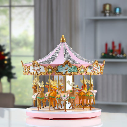 Mr. Christmas 12" Animated & Musical Pink Crystal Carousel displayed from alternate tabletop angle with festive décor