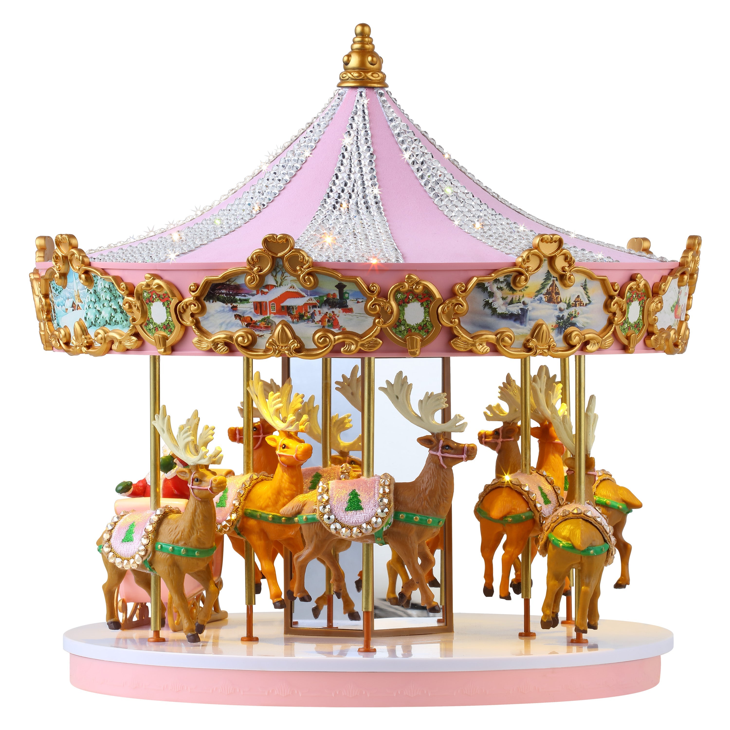 Mr. Christmas  12" Animated & Musical Pink Crystal Carousel Close-up of carousel reindeer with fabric saddles and crystal embellishments