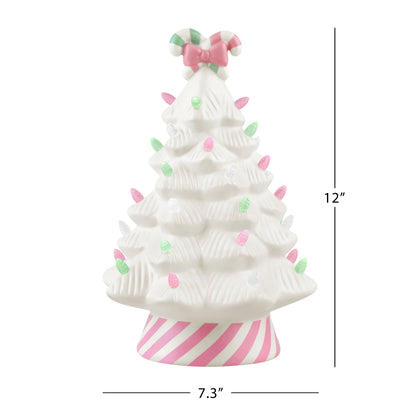 Dimensions of Mr. Christmas 12" Nostalgic Ceramic Lit Candy Cane Tree shown with measurements