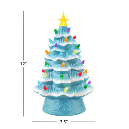 Size diagram showing Mr. Christmas 12-inch nostalgic ceramic tree is 7.5 inches wide and 12 inches tall