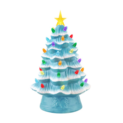 Mr. Christmas 12-inch nostalgic ceramic Christmas tree in light blue with multi-colored bulbs and illuminated star