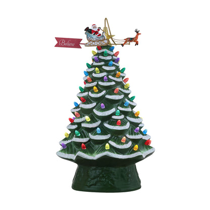 16-inch green ceramic Christmas tree with multicolored lights and rotating Santa sleigh topper