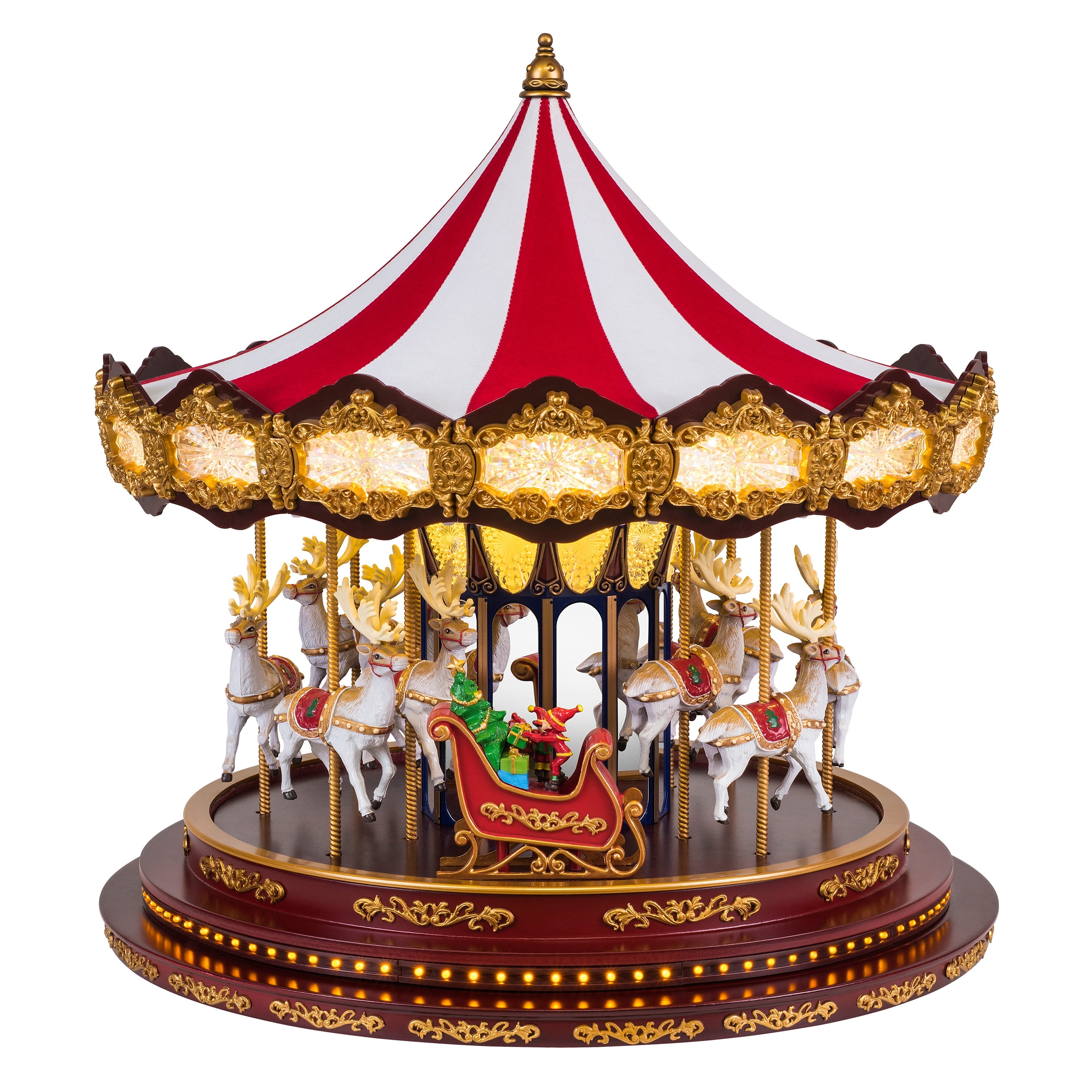 17" Deluxe Christmas Carousel by Mr. Christmas with hand-painted details including a reindeer and Santa, illuminated with over 100 LED lights