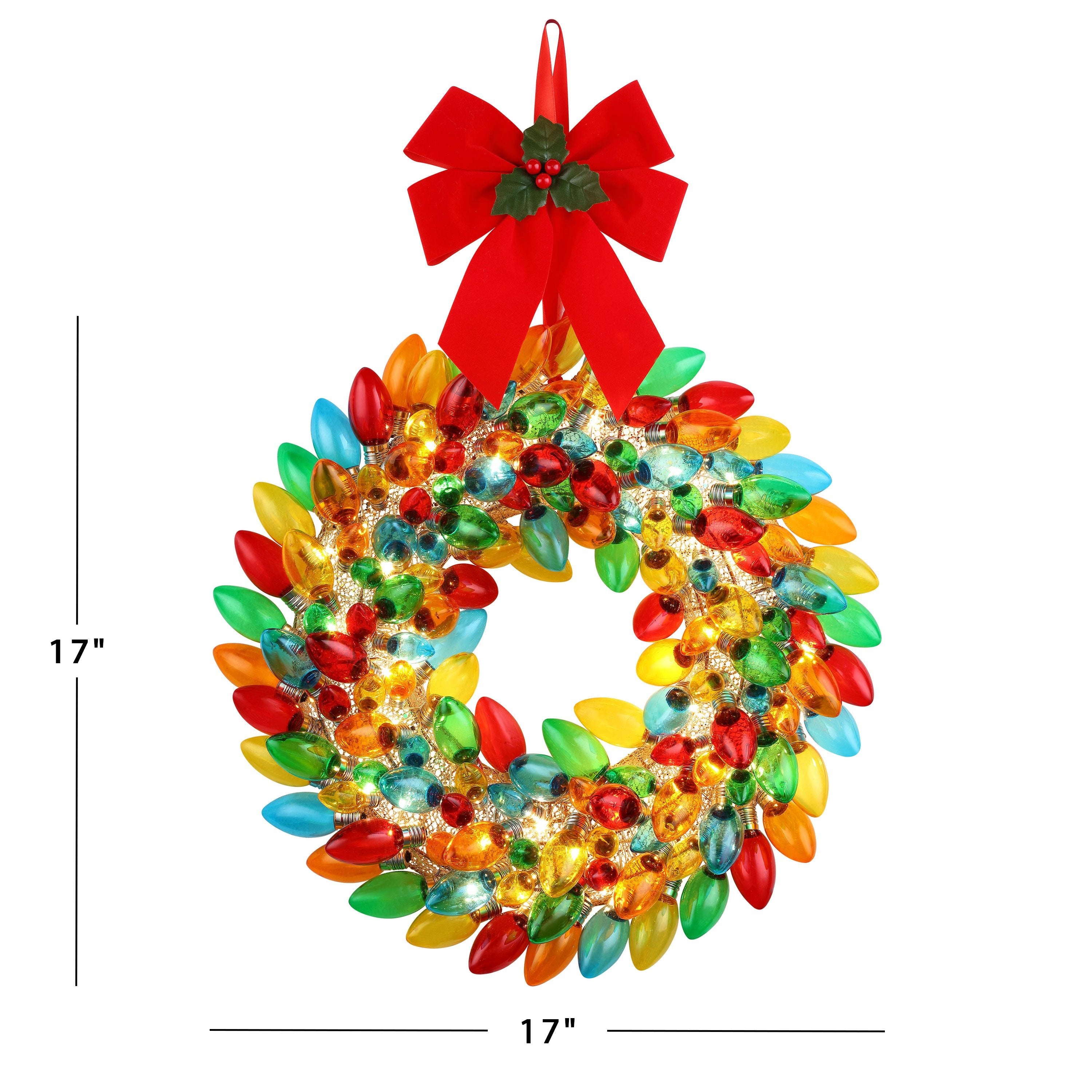 Mr. Christmas 17" Retro C9 Bulb Wreath - Multi-Color Dimension image showing height and width