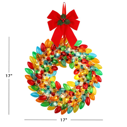 Mr. Christmas 17" Retro C9 Bulb Wreath - Multi-Color Dimension image showing height and width