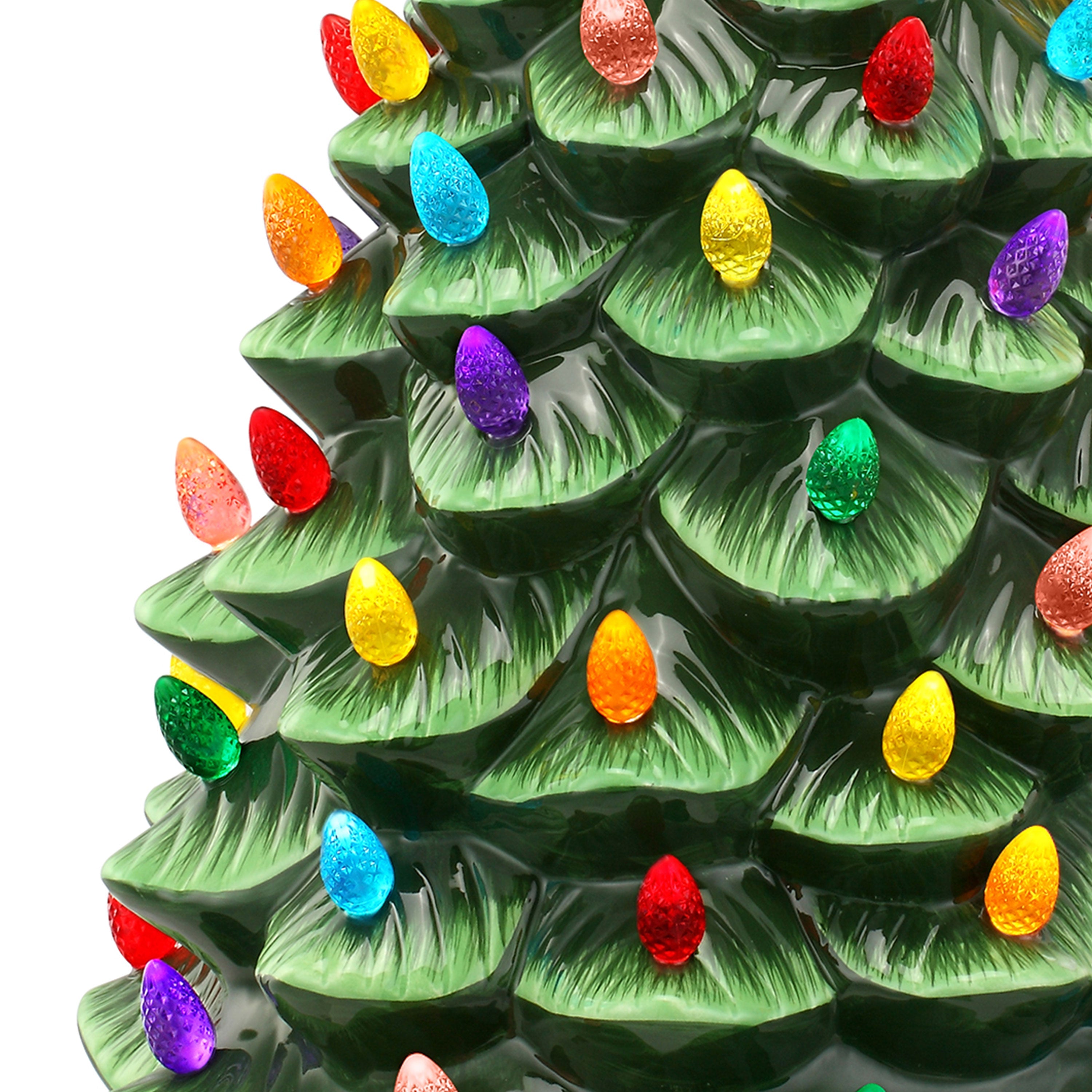 Mr. Christmas 24" Nostalgic Ceramic Tree - Green showing a close up image of the multicolor bulbs on the tree