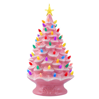 Mr. Christmas 24-inch nostalgic ceramic Christmas tree in bright pink with multicolored bulbs and illuminated star