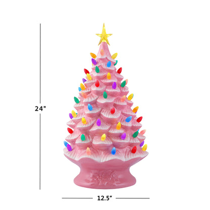 Size diagram showing Mr. Christmas pink nostalgic tree is 24 inches tall and 12.5 inches wide