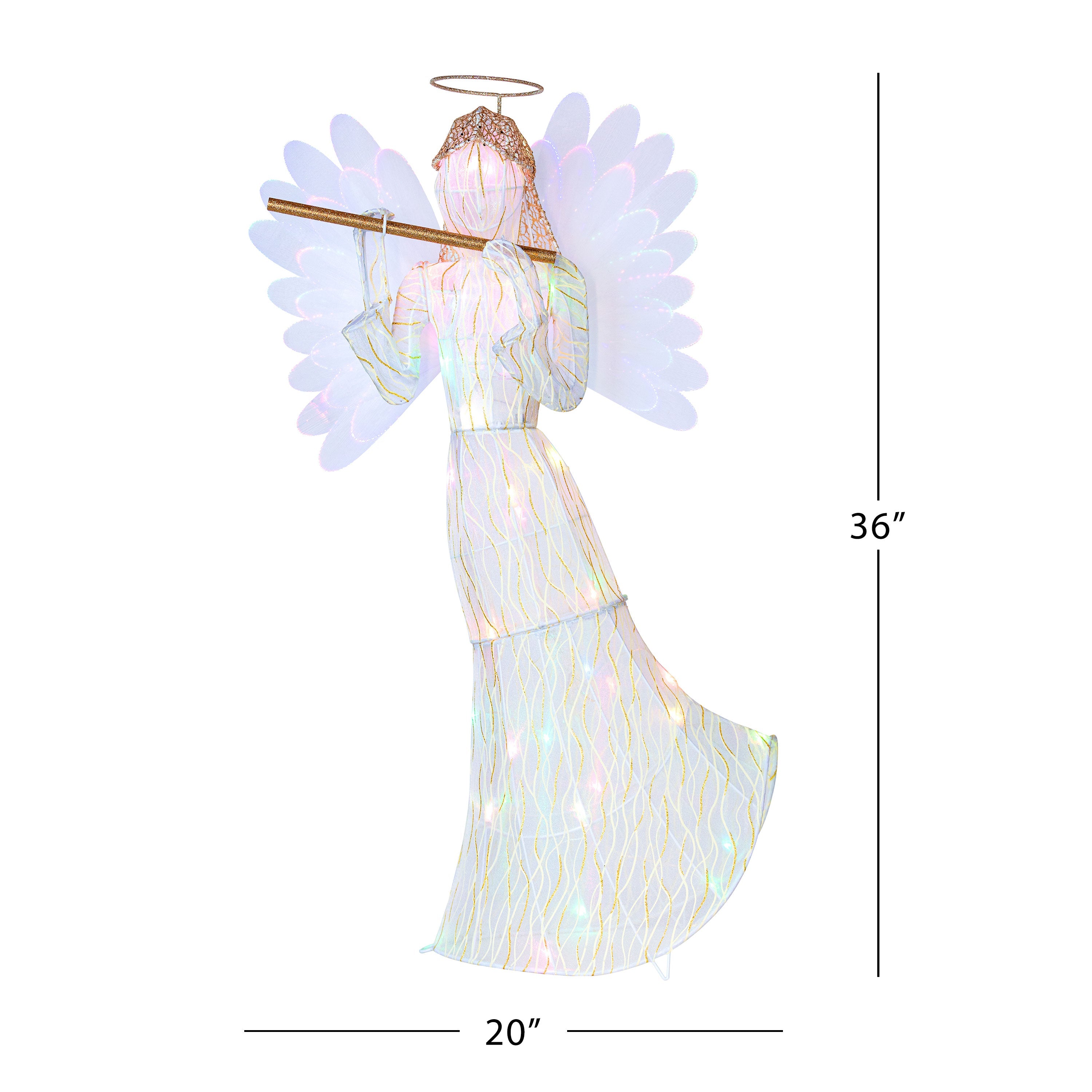 Size diagram showing Mr. Christmas animated fiber-optic angel is 3 feet tall, 20 inches wide