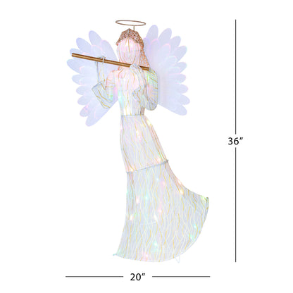 Size diagram showing Mr. Christmas animated fiber-optic angel is 3 feet tall, 20 inches wide