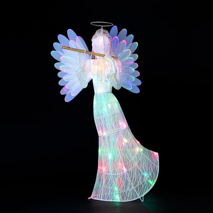 Mr. Christmas 3 ft fiber-optic angel illuminated with color-changing LED lights and animated wings against black background