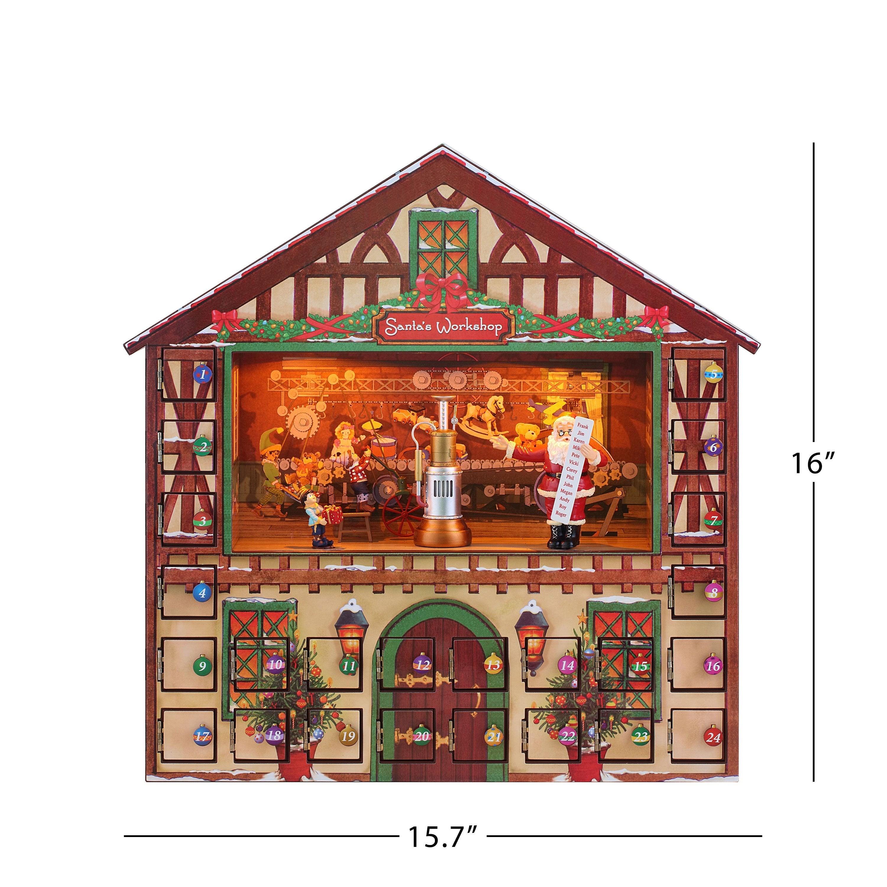 Dimensions of the Mr. Christmas 16" Animated Advent Calendar: 15.75" wide, 3.9" deep, and 16" tall.