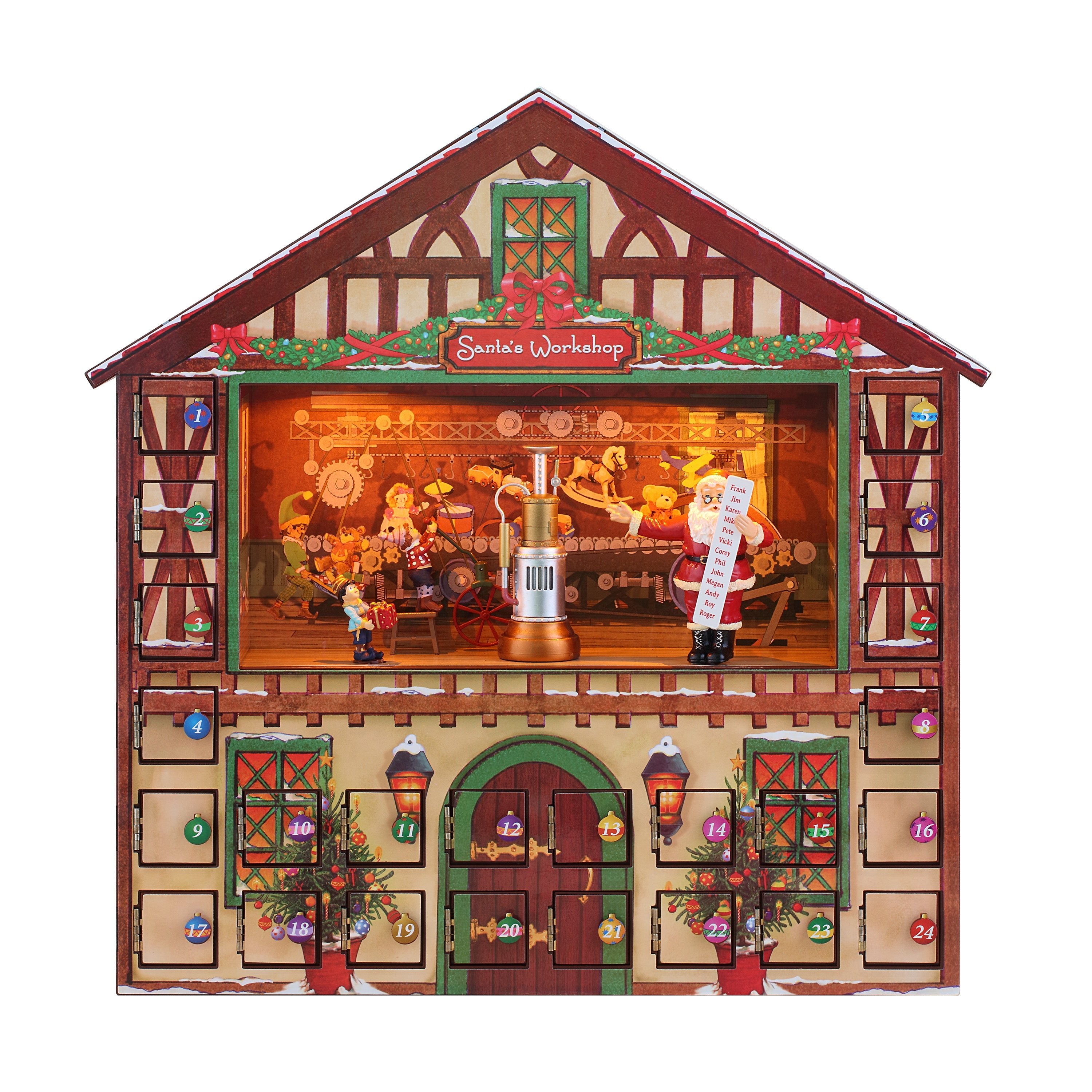 Main image of Mr. Christmas 16" Animated & Musical Santa’s Workshop Advent Calendar with colorful doors and festive holiday detailing.