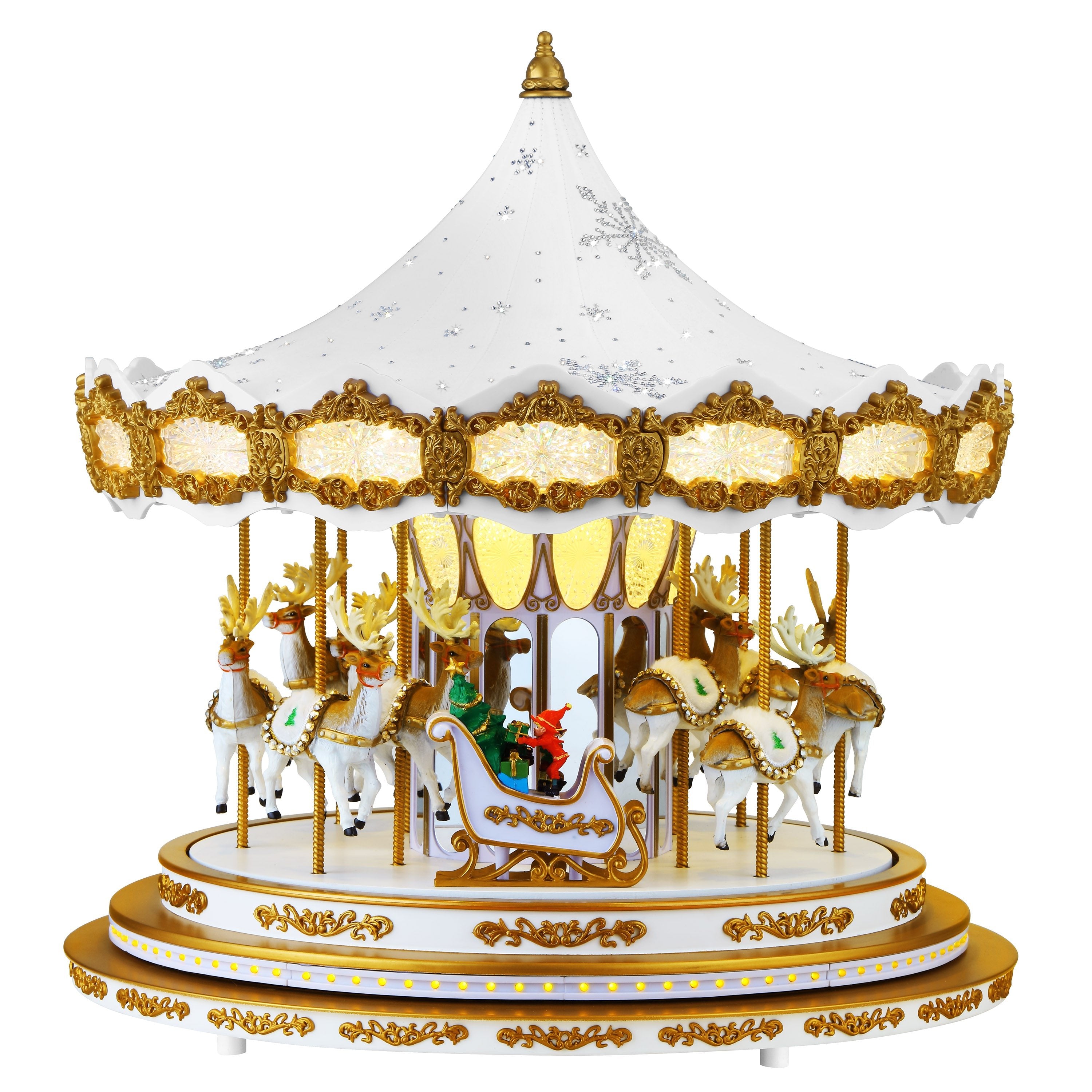 Mr. Christmas Animated & Musical White Crystal Carousel main view of carousel  featuring ten reindeer and Santa’s sleigh under a crystal-covered fabric roof.