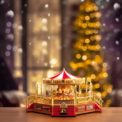 Mr. Christmas Animated & Musical World's Fair Boardwalk Carousel Lifestyle image with lights