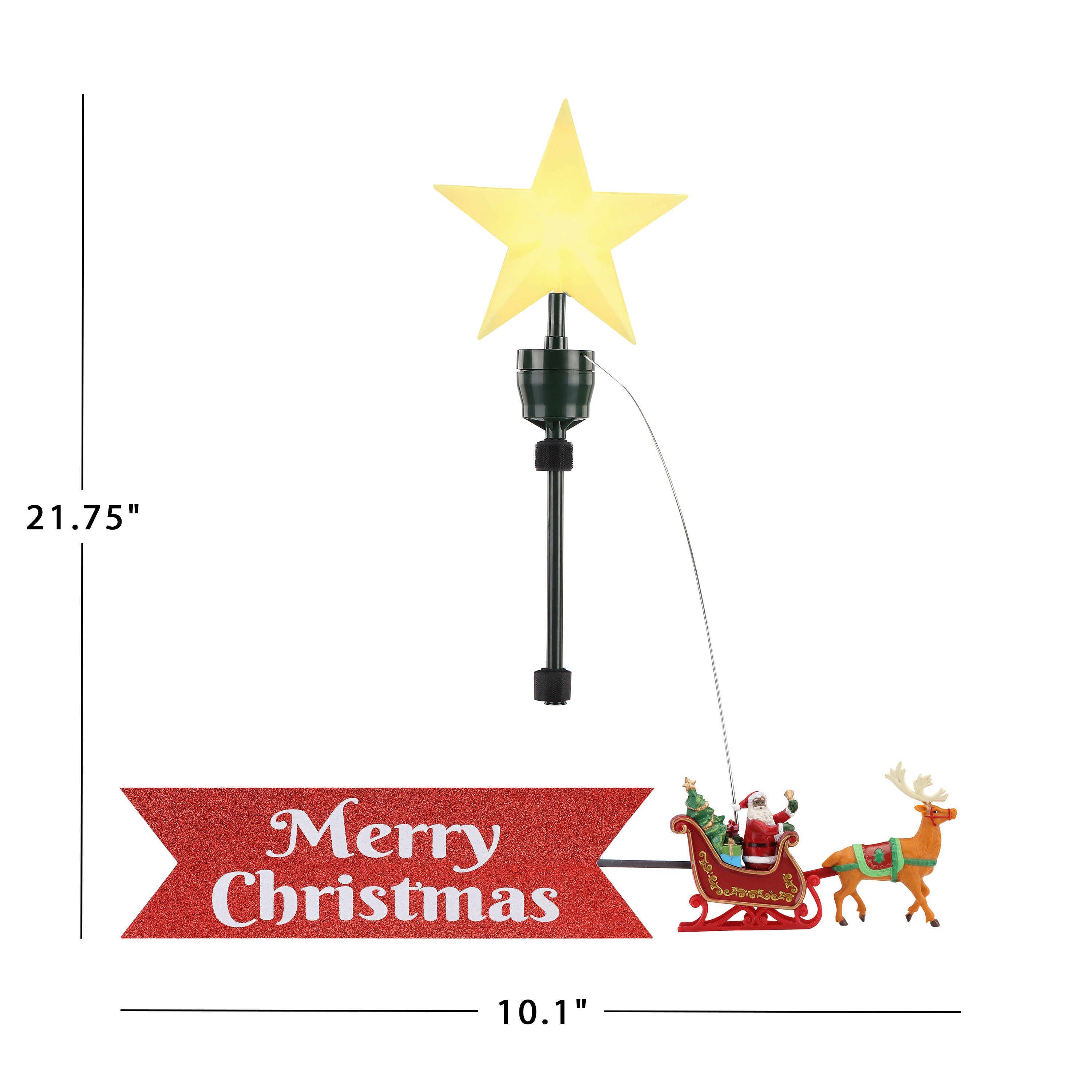 Dimensions of the Mr. Christmas Animated Sleigh Tree Topper with Banner – Black Santa, featuring sleigh, banner, and LED star