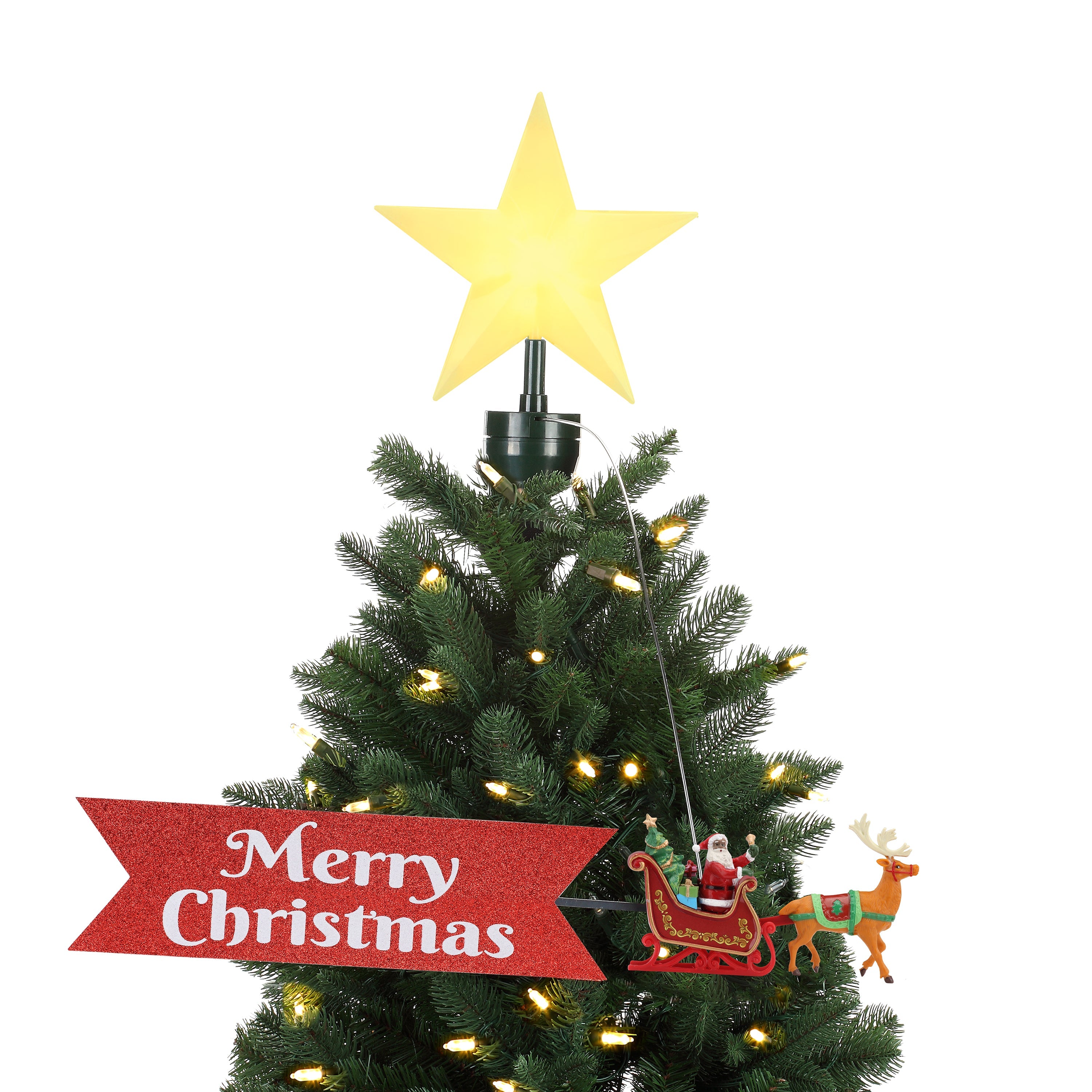Main image of the Mr. Christmas Animated Sleigh Tree Topper with Banner – Black Santa, mounted on a Christmas tree with LED star