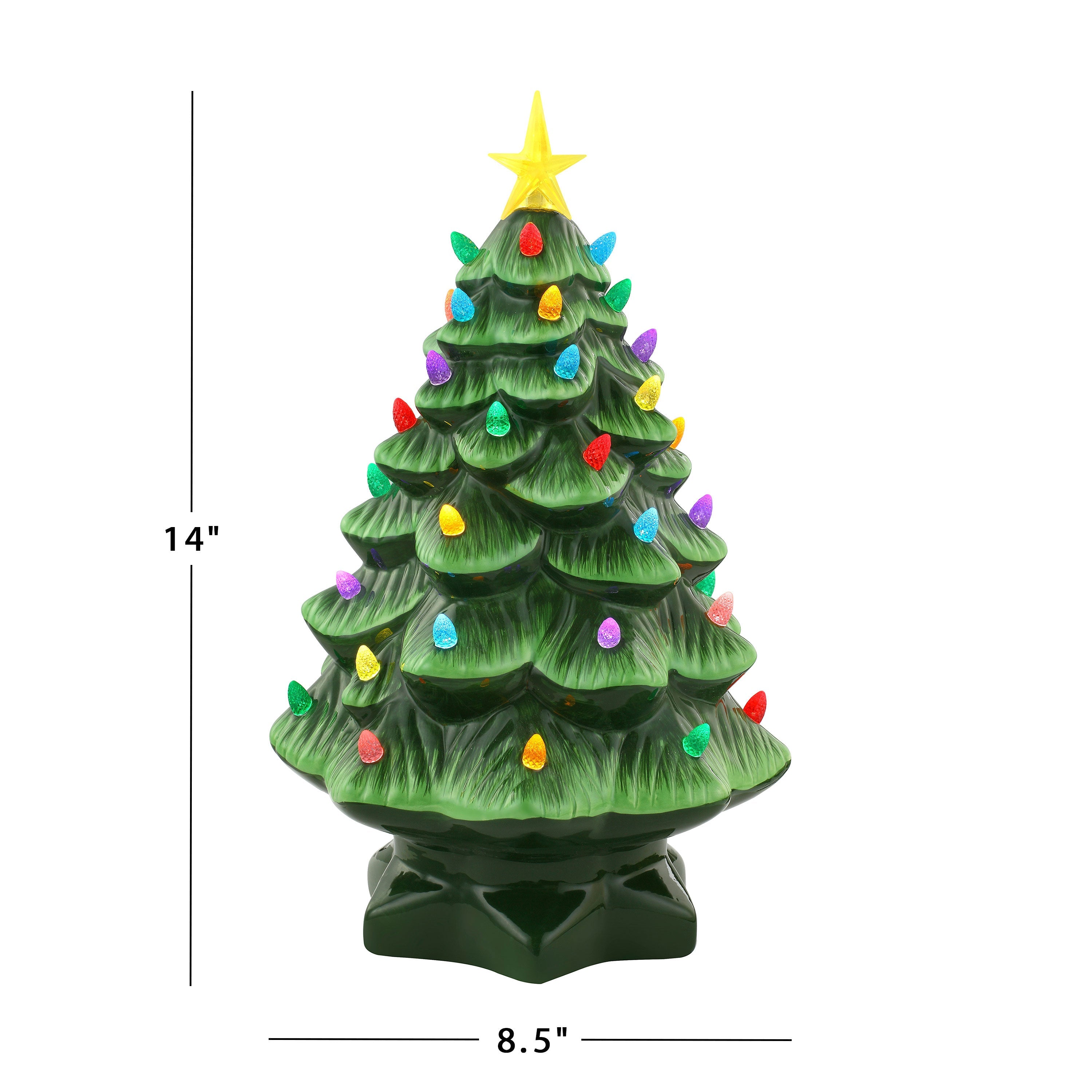 Dimensions of the Mr. Christmas 14" Nostalgic Christmas Tree: 8.5" wide, 8.5" deep, and 14" tall.