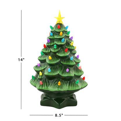 Dimensions of the Mr. Christmas 14" Nostalgic Christmas Tree: 8.5" wide, 8.5" deep, and 14" tall.