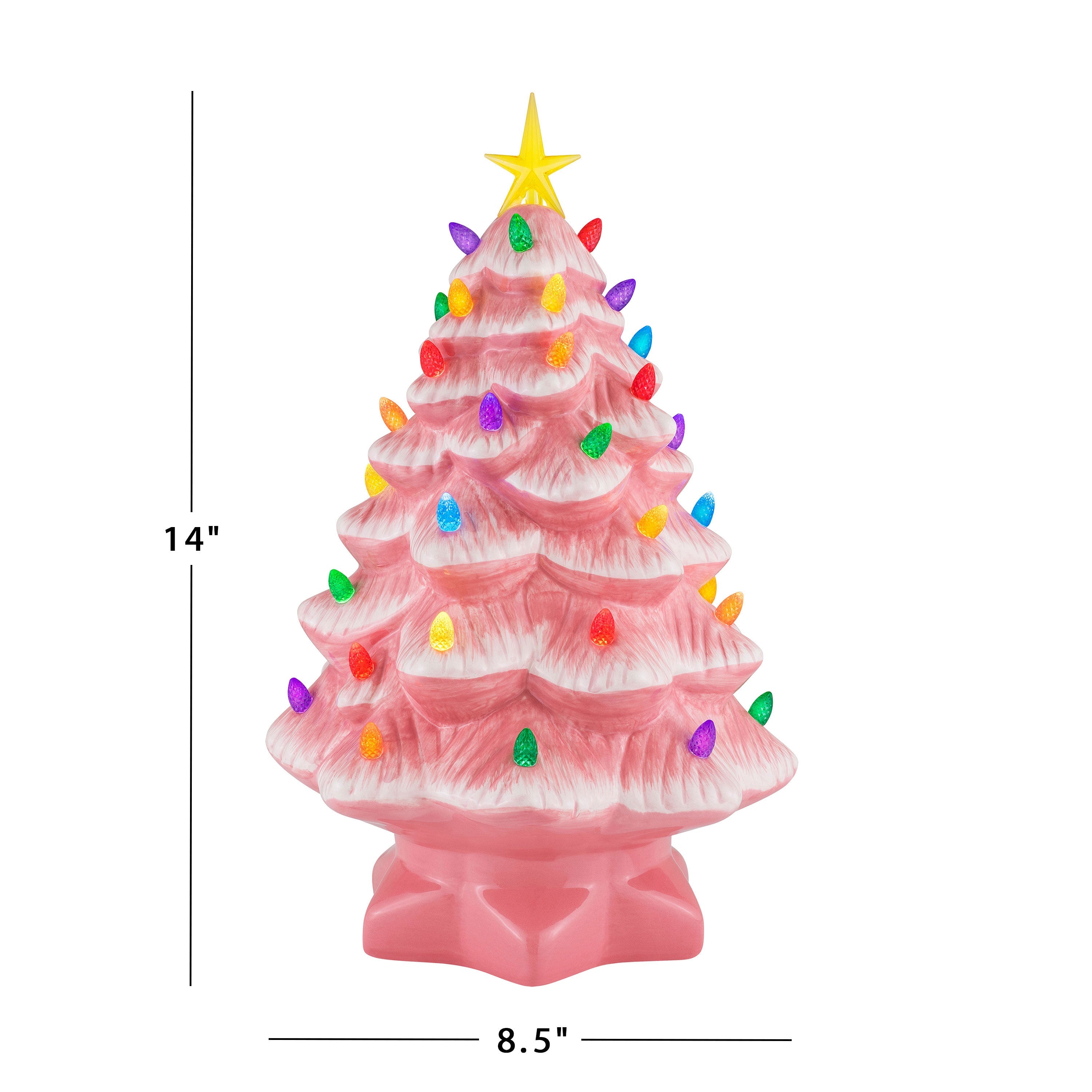  Dimensions of the Mr. Christmas 14" Pink Nostalgic Christmas Tree: 8.5" wide, 8.5" deep, and 14" tall.