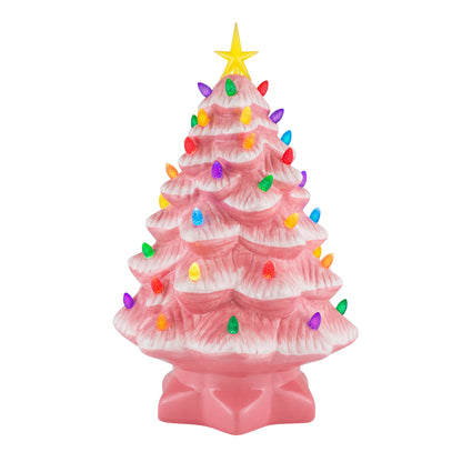 Main image of Mr. Christmas 14" Pink Nostalgic Christmas Tree with multicolored faceted bulbs and yellow star topper.