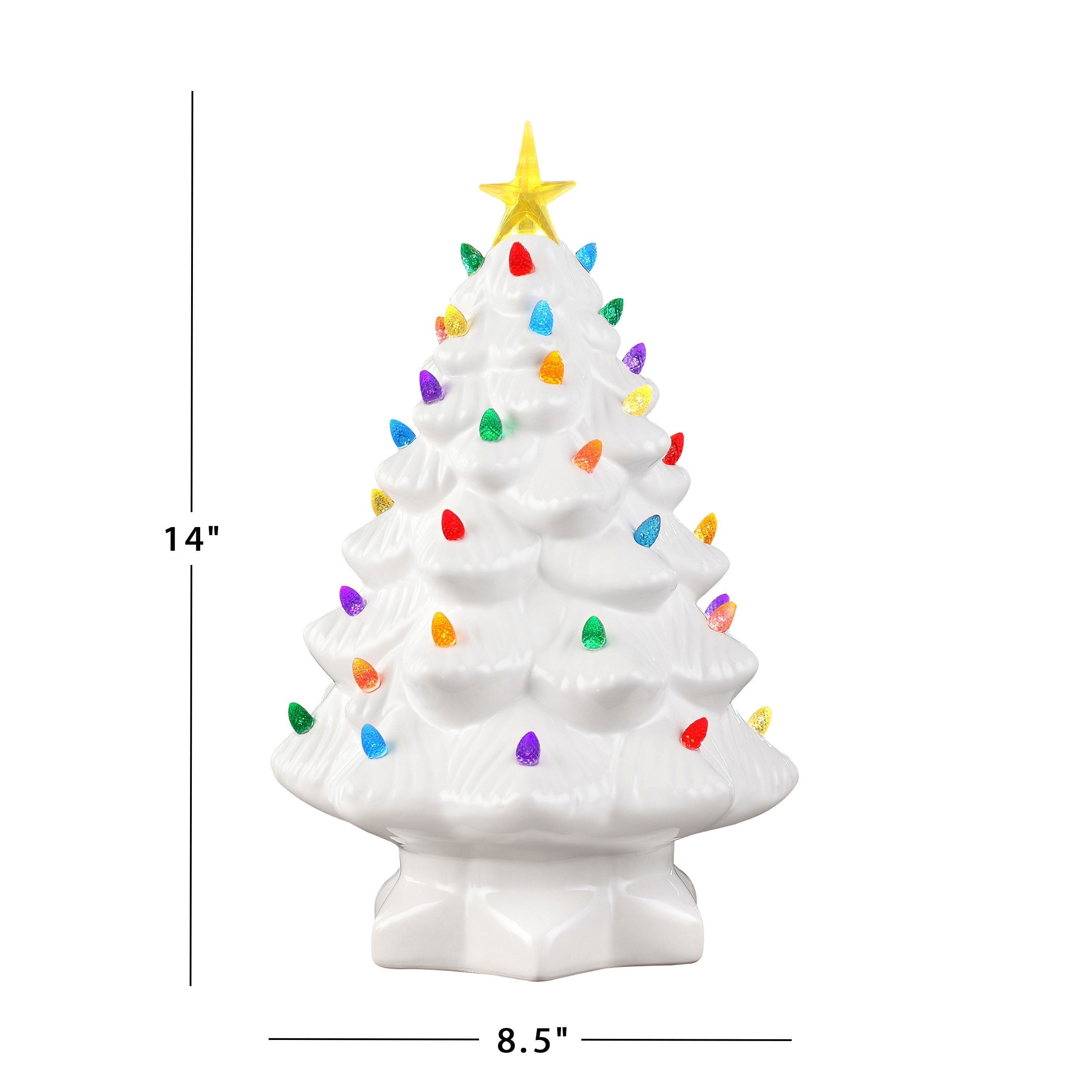 Dimensions of the Mr. Christmas 14" White Nostalgic Tree: 8.5" wide, 8.5" deep, and 14" tall.