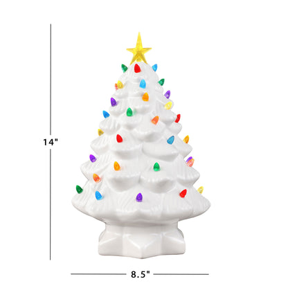 Dimensions of the Mr. Christmas 14" White Nostalgic Tree: 8.5" wide, 8.5" deep, and 14" tall.