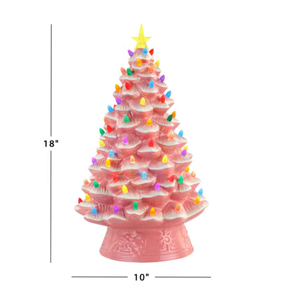 Dimensions of the Mr. Christmas 18" Nostalgic Christmas Tree with 10" width and 18" height in pink ceramic finish.