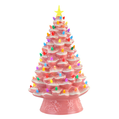 Main image of the Mr. Christmas 18" Nostalgic Christmas Tree with pink ceramic finish, multicolored bulbs, and illuminated yellow star