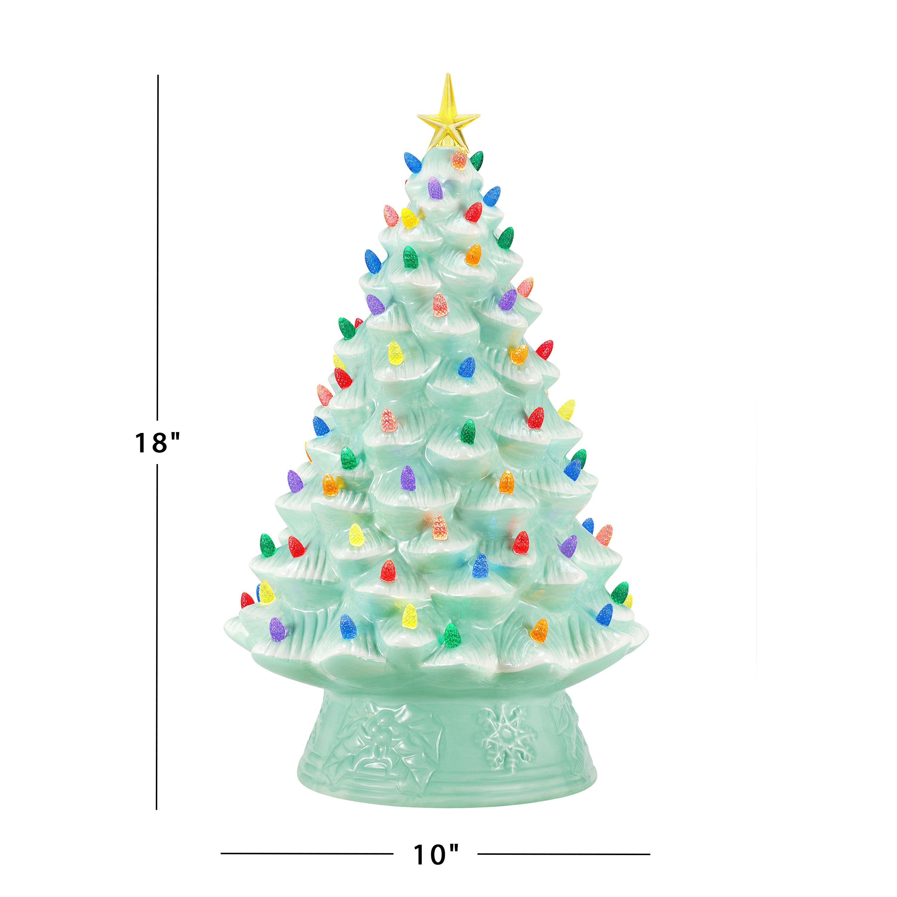Dimensions of the Mr. Christmas 18" Nostalgic Christmas Tree with 10" width and 18" height in seafoam ceramic finish.