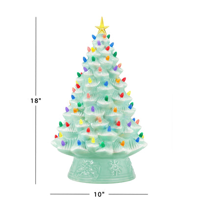 Dimensions of the Mr. Christmas 18" Nostalgic Christmas Tree with 10" width and 18" height in seafoam ceramic finish.