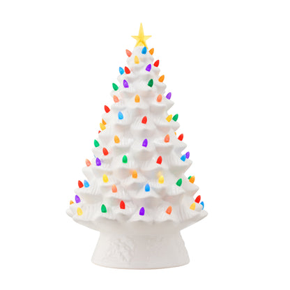 Main image of the Mr. Christmas 18" Nostalgic Christmas Tree with white ceramic finish, multicolored bulbs, and illuminated yellow star.