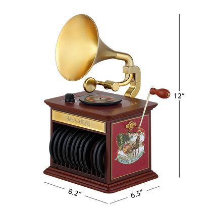 Dimensions of Mr. Christmas Nostalgic Gramophone shown with measurements