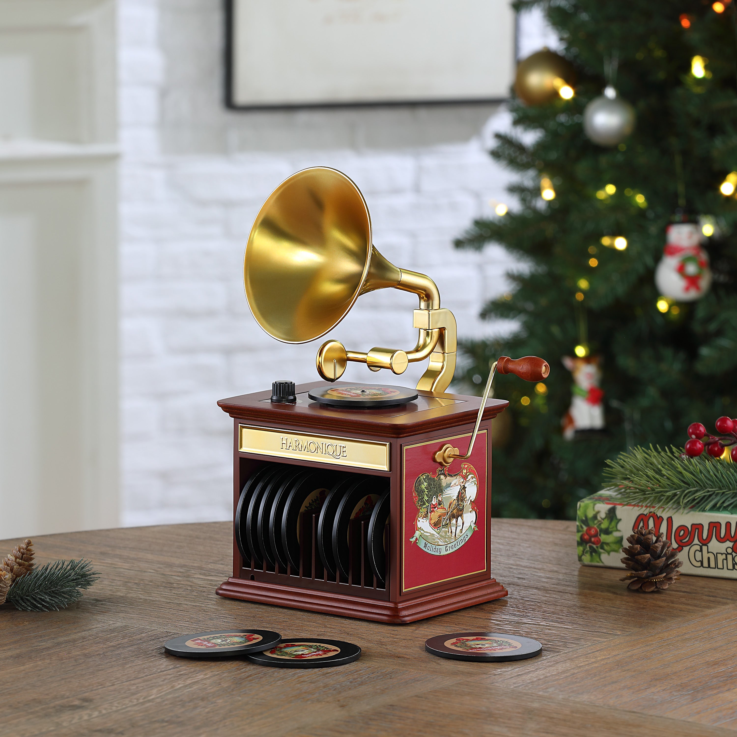Mr. Christmas Nostalgic Gramophone displayed in a festive holiday setting on a tabletop