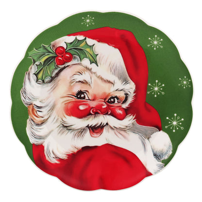 Green Santa nostalgic scalloped plate by Mr. Christmas with snowflake background and vintage charm