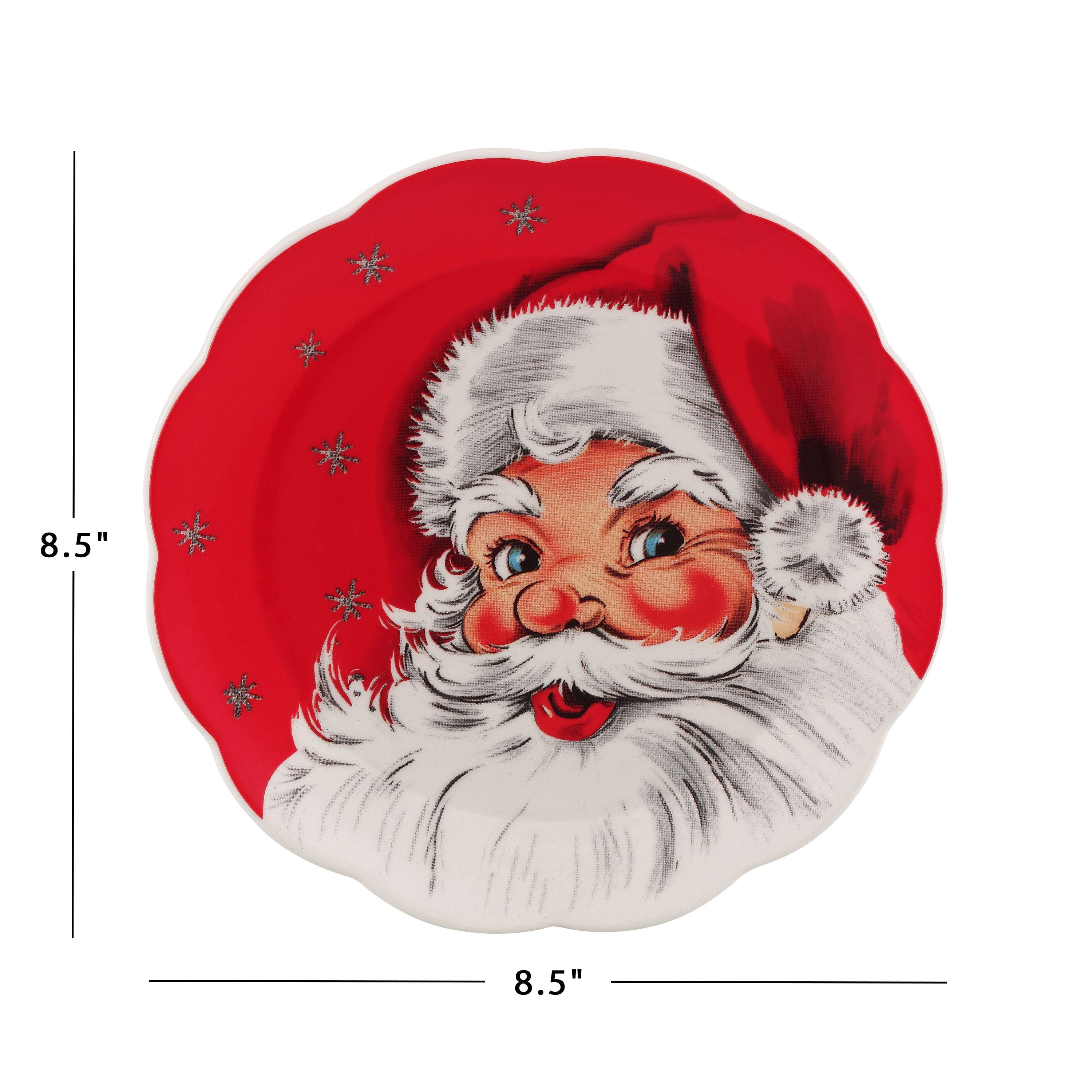 Size diagram of red Santa nostalgic scalloped plate by Mr. Christmas showing 8.5" width and height