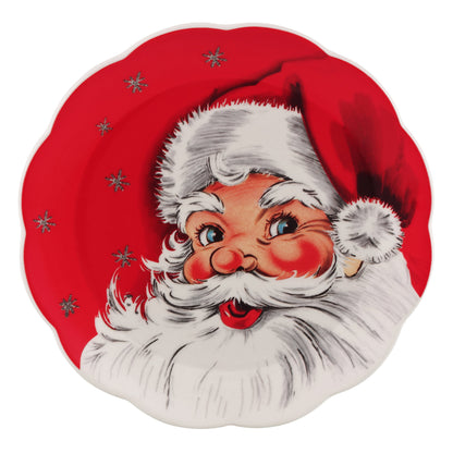 Red Santa nostalgic scalloped plate by Mr. Christmas with snowflake background 