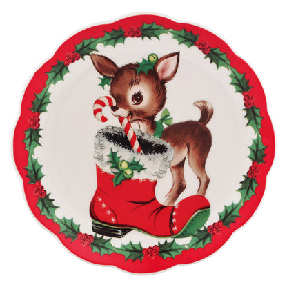 Reindeer nostalgic scalloped plate by Mr. Christmas with holly border, red boot, and candy cane