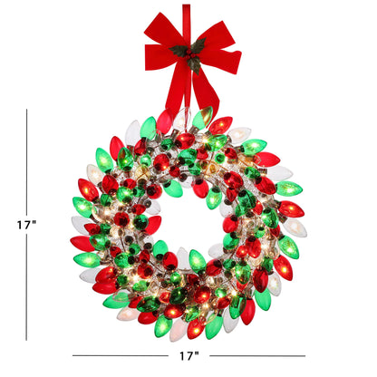 Size diagram showing Mr. Christmas Retro C9 Bulb Wreath is 17 inches tall and wide, and 3 inches deep