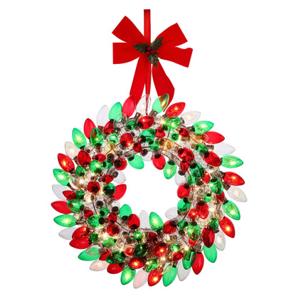Mr. Christmas Retro C9 Bulb Wreath in red, green, and clear bulbs with red bow and warm white LED lights