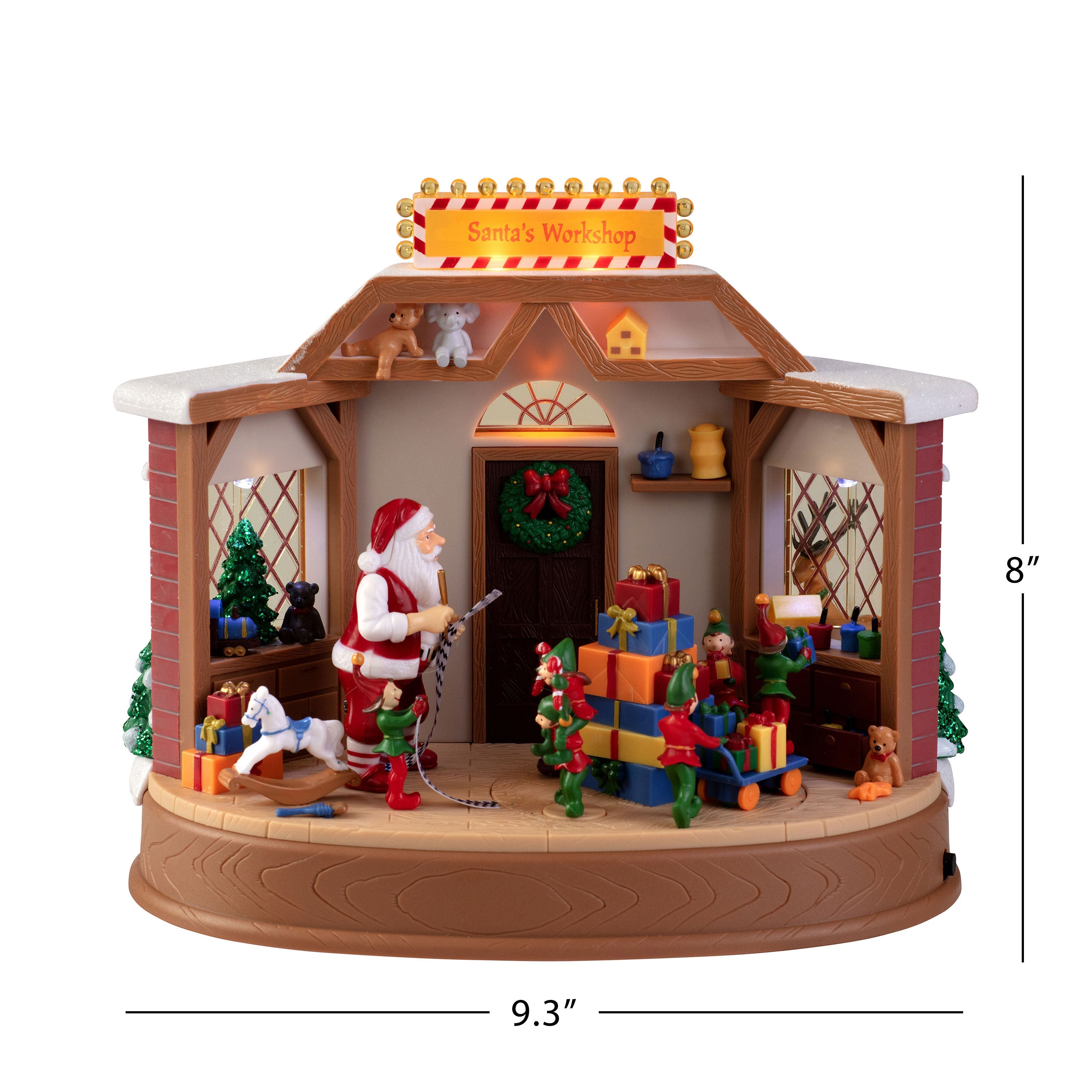 ide view of Santa’s Workshop with labeled dimensions 9.3 inches wide,  and 8 inches tall