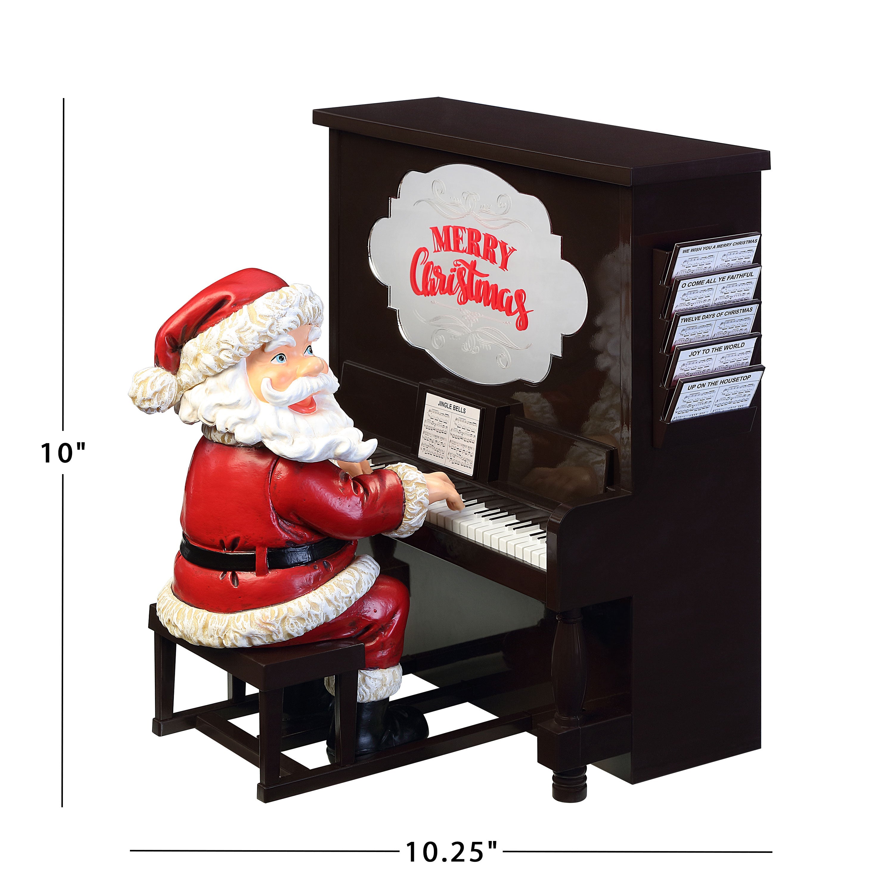 Dimensions of the Mr. Christmas Sing-A-Long Santa: 10.25" wide, 8" deep, and 10" tall.