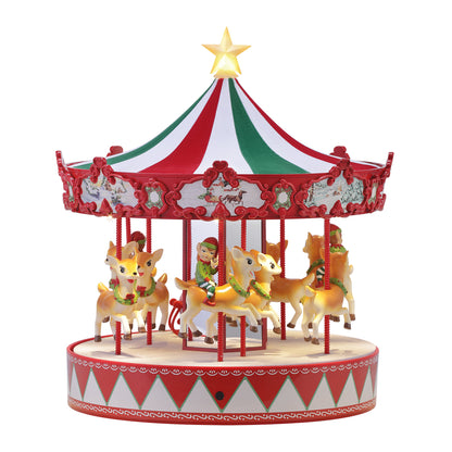 Alternate angle of Mr. Christmas 14" Animated Vintage Carousel featuring reindeer and elves