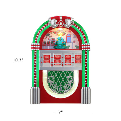 Dimensions of Mr. Christmas Rock-O-Rama Jukebox shown as 7" wide x 4" deep x 10.3" tall.