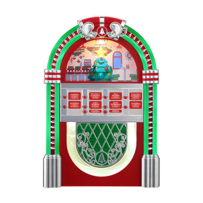 Mr. Christmas Rock-O-Rama Jukebox with vintage 1950s design, lit and ready to play holiday music, shown on a white background.