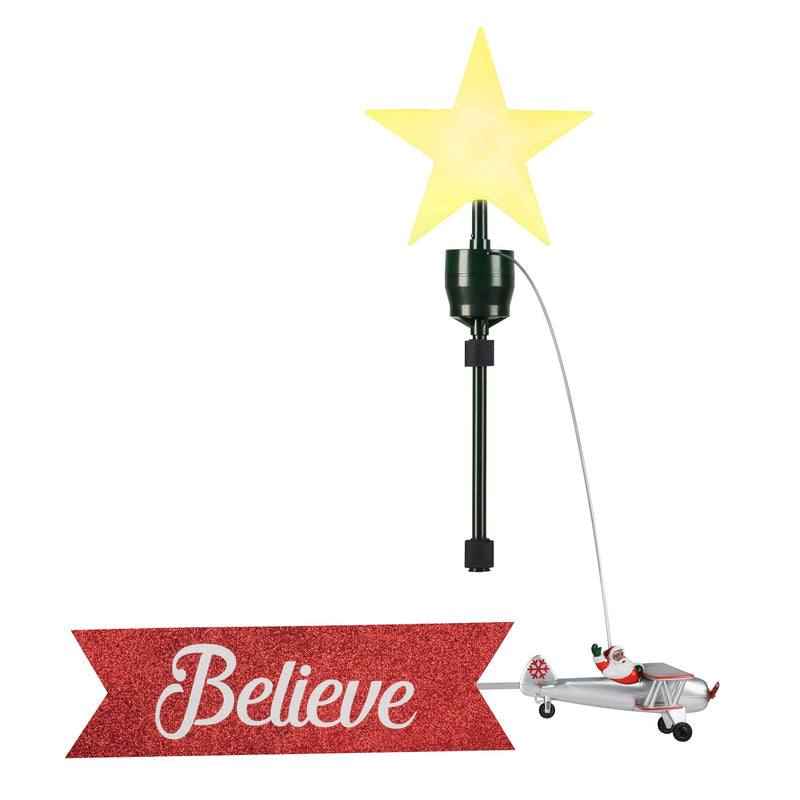 Animated Biplane Tree Topper with Banner - Black Santa
