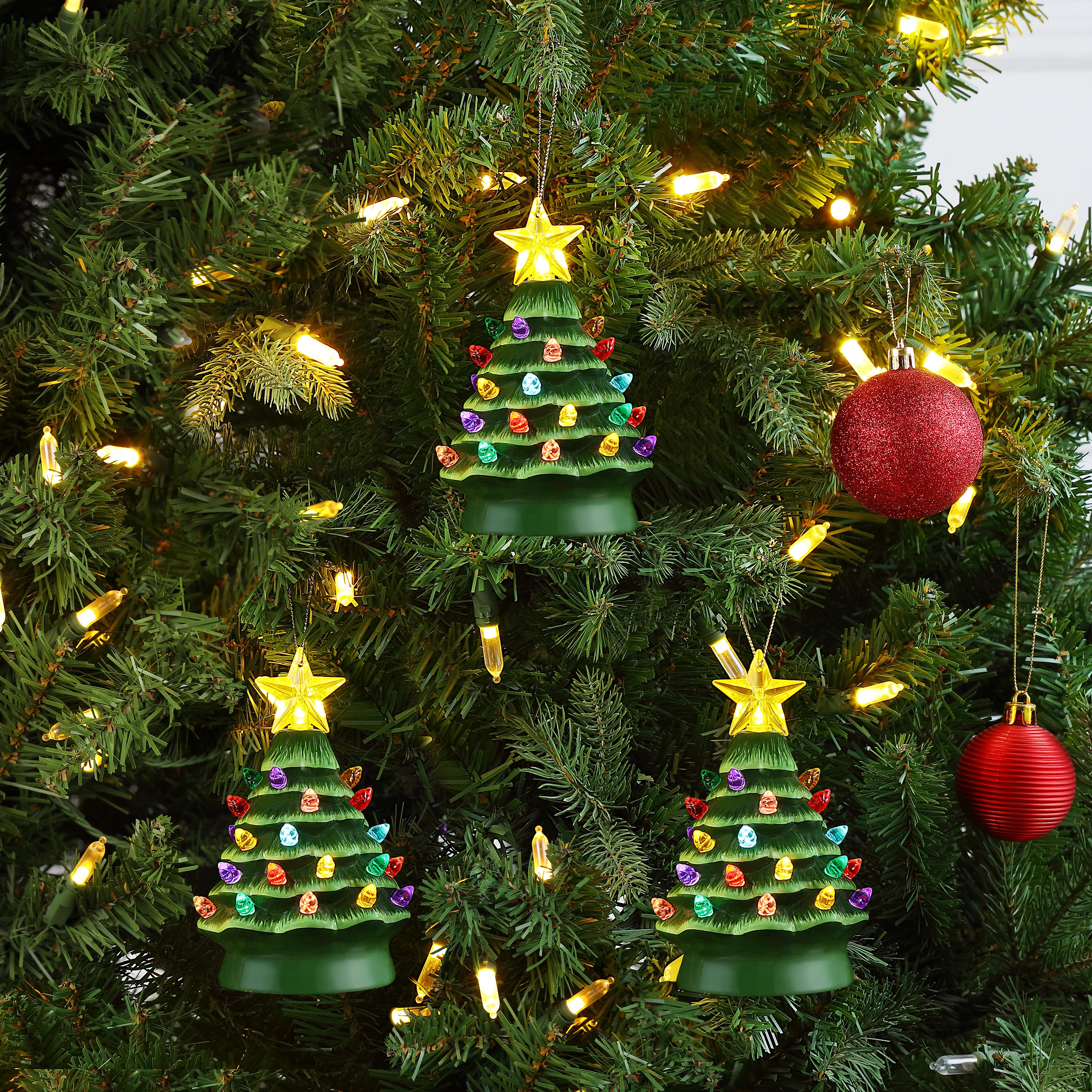 Set of 3 Nostalgic Ceramic Tree Ornaments - Green - Mr. Christmas
